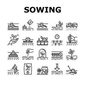 Sowing Agricultural Collection Icons Set Vector. Sowing Seeds And Field Processing, Plant Care And Harvesting, Tractor And Harvester Black Contour Illustrations