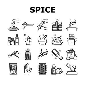 Spice Condiment Herb Collection Icons Set Vector. Salt And Pepper For Flavoring Meal In Kitchen Utensil. Spice On Spoon And Palm Black Contour Illustrations