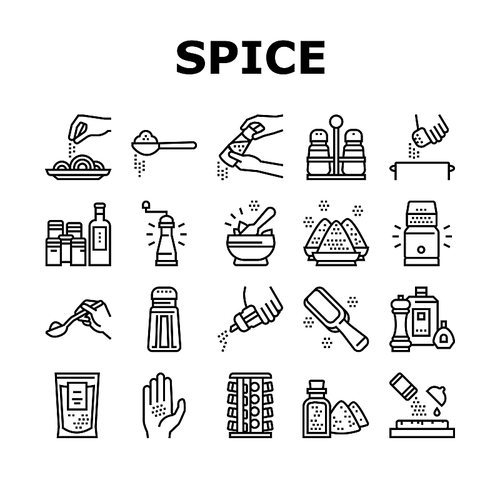Spice Condiment Herb Collection Icons Set Vector. Salt And Pepper For Flavoring Meal In Kitchen Utensil. Spice On Spoon And Palm Black Contour Illustrations