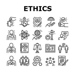 Business Ethics Moral Collection Icons Set Vector. Social Ethics And Partnership, Honesty And Impact, Handshake And Team Building Black Contour Illustrations