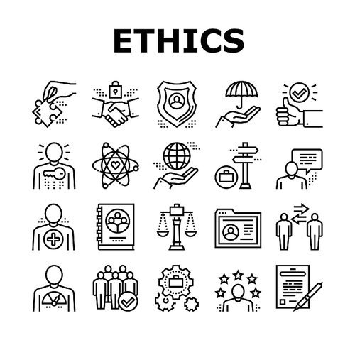 Business Ethics Moral Collection Icons Set Vector. Social Ethics And Partnership, Honesty And Impact, Handshake And Team Building Black Contour Illustrations