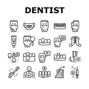 Children Dentist Dental Care Icons Set Vector. Dentist And Orthodontics Equipment, Research And Caries Treatment, Baby And Molar Teeth Black Contour Illustrations