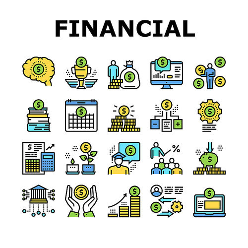 Financial Education Collection Icons Set Vector. Financial Books And Investment, Working Money And Coin Exchange, Finance Calendar And Growth Color Contour Illustrations