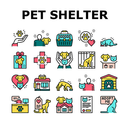 Animal Pet Shelter Collection Icons Set Vector. Pet Shelter Building And Worker, Eating Cat And Dog, Puppy Present And Medical Document Color Contour Illustrations