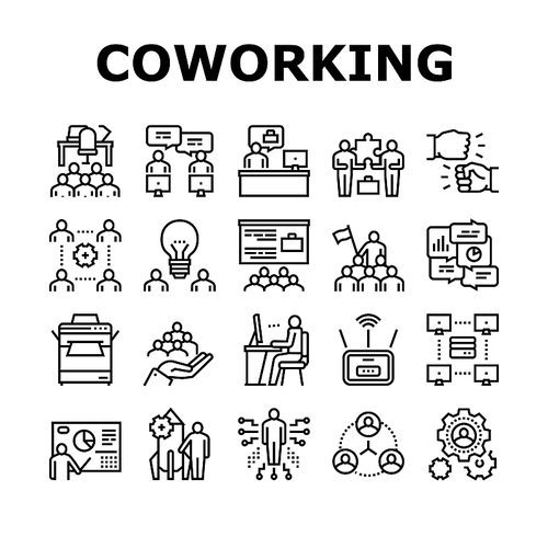 Coworking Service Collection Icons Set Vector. Coworking Working Place And Conference Meeting, Wifi Router And Server Data Center Device Black Contour Illustrations