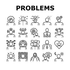 Psychological Problems Collection Icons Set Vector. Depression And Bipolar Disorder, Schizophrenia And Dementia, Autism And Stress Problems Black Contour Illustrations