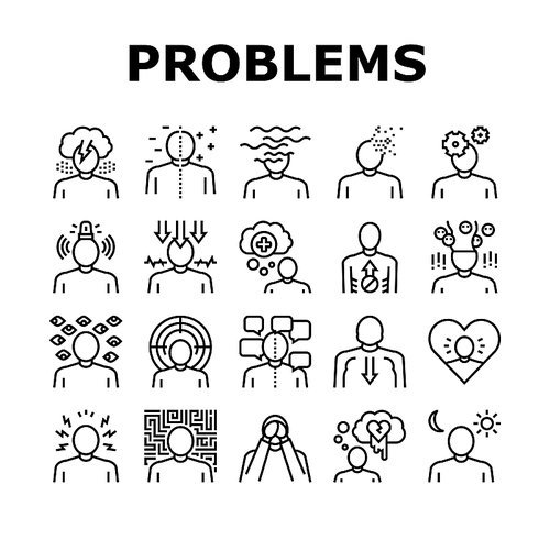Psychological Problems Collection Icons Set Vector. Depression And Bipolar Disorder, Schizophrenia And Dementia, Autism And Stress Problems Black Contour Illustrations