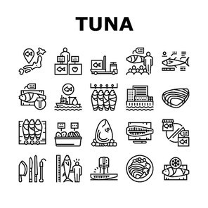 Tuna Auction Tsukiji Market Collection Icons Set Vector. Tuna Fishing And Delivery, Fish Meat And Fillet, Fisherman And Seller, Sale And Buy Black Contour Illustrations