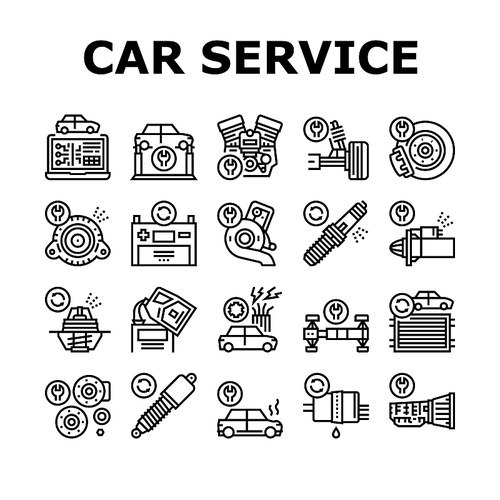 Car Service Garage Collection Icons Set Vector. Car Service Repair Ball Joint And Turbine, Electrical Equipment And Gearbox, Suspension And Starter Black Contour Illustrations