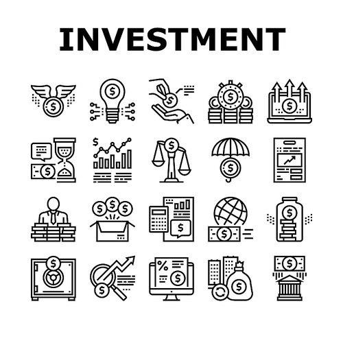 Investment Portfolio Collection Icons Set Vector. Investment In Education And Securities, Real Estate And Business, Safe And Bank Building Black Contour Illustrations