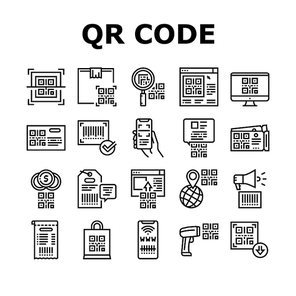 Qr Code Identification Collection Icons Set Vector. Qr Code Ticket And Bag, On Computer Screen And Web Site, Label And Scanning Pistol Black Contour Illustrations
