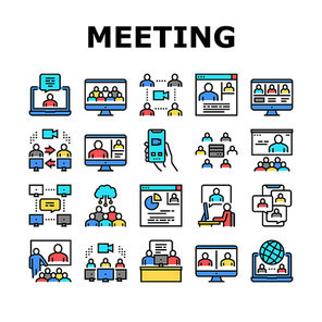 Online Video Meeting Collection Icons Set Vector. Meeting And Conference, Presentation And Interview, Computer Technology For Communication Concept Linear Pictograms. Color Contour Illustrations