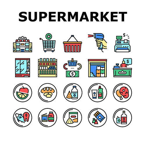 Supermarket Store Collection Icons Set Vector. Supermarket Cart And Basket, Cash Register And Barcode Scanner, Shop Building And Storage Concept Linear Pictograms. Color Contour Illustrations