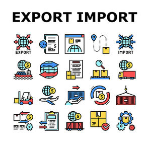 Export Import Logistic Collection Icons Set Vector. Export And Import Airplane And Truck, Train And Ship Transportation, Conveyor And Container Concept Linear Pictograms. Color Contour Illustrations