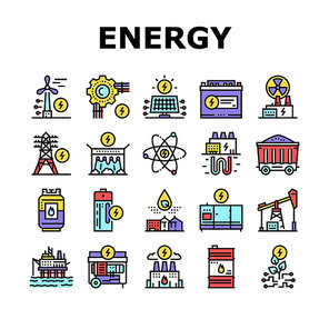 Energy Electricity And Fuel Power Icons Set Vector. Electric Solar Panel And Battery, Turbine And Dam, Energy Plant And Coal, Petrol And Gas Concept Linear Pictograms. Color Contour Illustrations