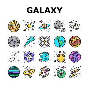 Galaxy System Space Collection Icons Set Vector. Milky Way Galaxy Planet And Sun, Falling Star And Constellation, Moon And Earth Concept Linear Pictograms. Color Contour Illustrations