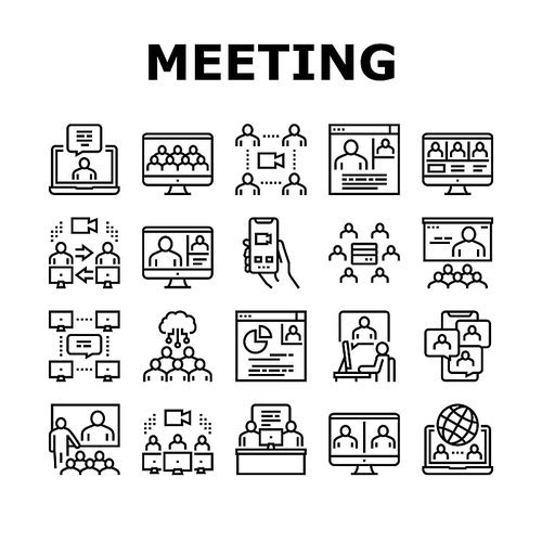 Online Video Meeting Collection Icons Set Vector. Meeting And Conference, Presentation And Interview, Computer Technology For Communication Black Contour Illustrations