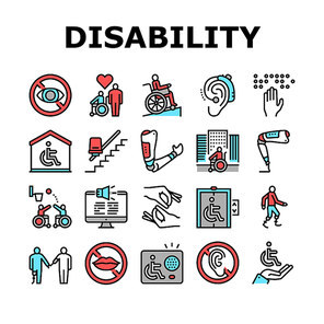 Disability Technology Collection Icons Set Vector. Wheelchair And Elevator, Arm And Leg Prosthesis Equipment For Human With Disability Concept Linear Pictograms. Color Contour Illustrations