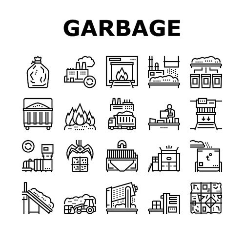 Factory Garbage Waste Collection Icons Set Vector. Industry Plant Recycling And Burning Trash, Truck Garbage Transportation And Landfill Black Contour Illustrations