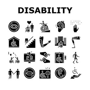Disability Technology Collection Icons Set Vector. Wheelchair And Elevator, Arm And Leg Prosthesis Equipment For Human With Disability Glyph Pictograms Black Illustrations