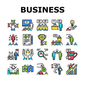 Business Situations Collection Icons Set Vector. Business Conference And Meeting, Training And Team Building, Partnership And Idea Concept Linear Pictograms. Color Contour Illustrations