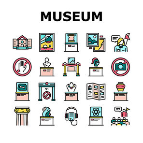 Museum Gallery Exhibit Collection Icons Set Vector. Museum Building And Paint, Sculpture And Statue, Audio Guid Player And Metal Detector Concept Linear Pictograms. Color Contour Illustrations