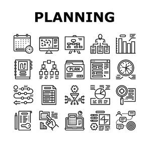 Planning Work Process Collection Icons Set Vector. Planning Business Project And Optimization, Plan And Infographic, Notebook And Agreement Black Contour Illustrations