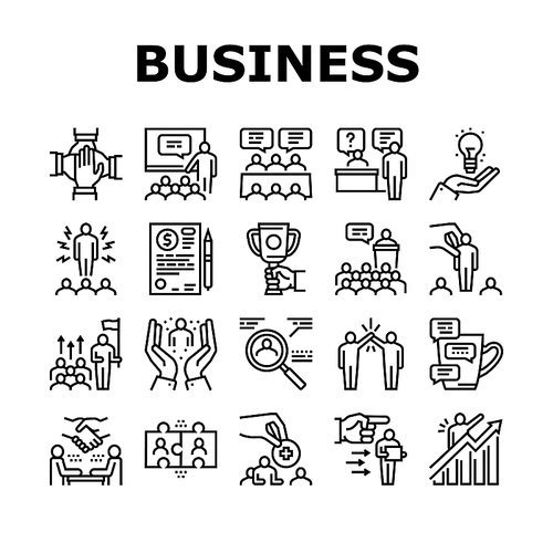 Business Situations Collection Icons Set Vector. Business Conference And Meeting, Training And Team Building, Partnership And Idea Black Contour Illustrations