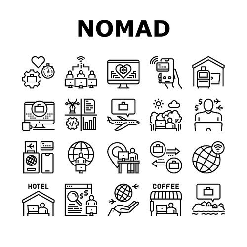 Digital Nomad Worker Collection Icons Set Vector. Freelancer Nomad Remote Work And Traveling, Working In Hotel And Coffee Cafe Black Contour Illustrations