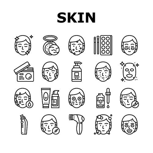Facial Skin Care Treat Collection Icons Set Vector. Facial Skincare Makeup Cosmetics And Mask, Essential Oil And Acne Cream, Face Massager Black Contour Illustrations