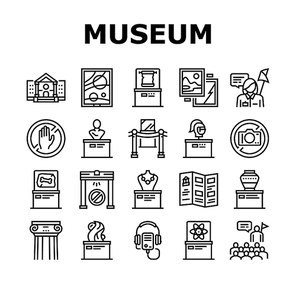 Museum Gallery Exhibit Collection Icons Set Vector. Museum Building And Paint, Sculpture And Statue, Audio Guid Player And Metal Detector Black Contour Illustrations