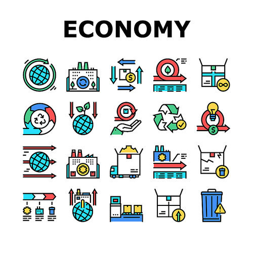 Circular And Linear Economy Model Icons Set Vector. Eco Friendly Plant And Industrial Factory, Manufacturing And Waste World Economy Concept Linear Pictograms. Color Contour Illustrations