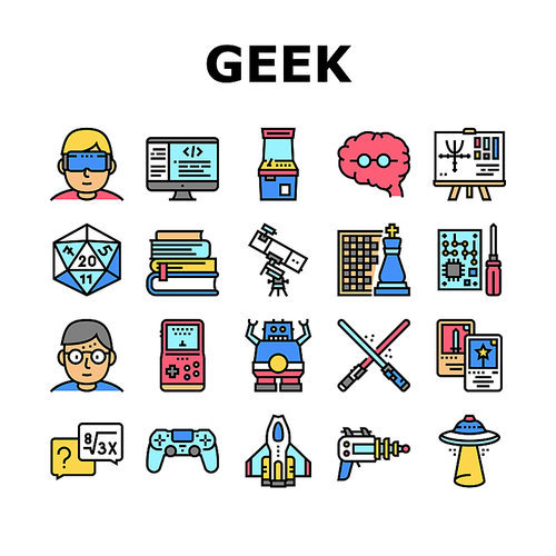 Geek, Nerd And Gamer Collection Icons Set Vector. Chess And Video Game, Mathematics And Astrology, Ufo And Futuristic Weapon Geek Concept Linear Pictograms. Color Contour Illustrations