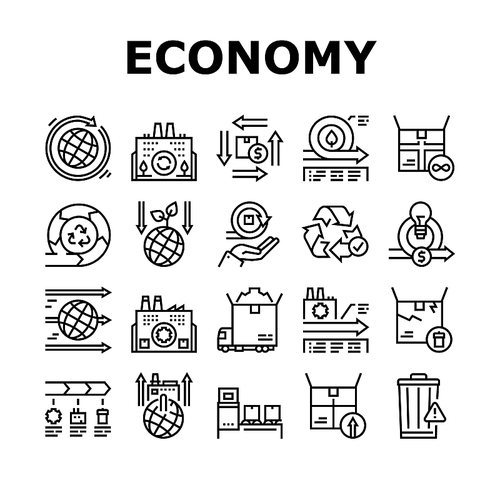 Circular And Linear Economy Model Icons Set Vector. Eco Friendly Plant And Industrial Factory, Manufacturing And Waste World Economy Black Contour Illustrations