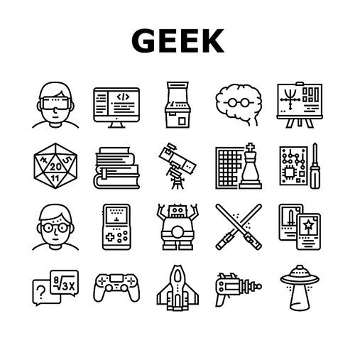Geek, Nerd And Gamer Collection Icons Set Vector. Chess And Video Game, Mathematics And Astrology, Ufo And Futuristic Weapon Geek Black Contour Illustrations