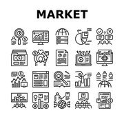 Market Research And Analysis Icons Set Vector. Market Statistic Infographic And Researching, Presentation And Business Meeting, Report And Plan Black Contour Illustrations