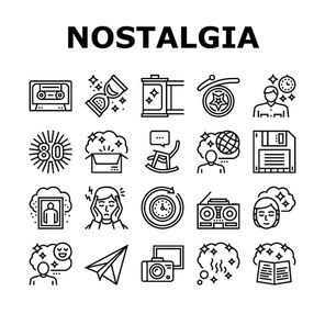 Nostalgia And Memory Collection Icons Set Vector. Retro Music Cassette And Photo Camera Roll, Computer Diskette And Sandglass Black Contour Illustrations