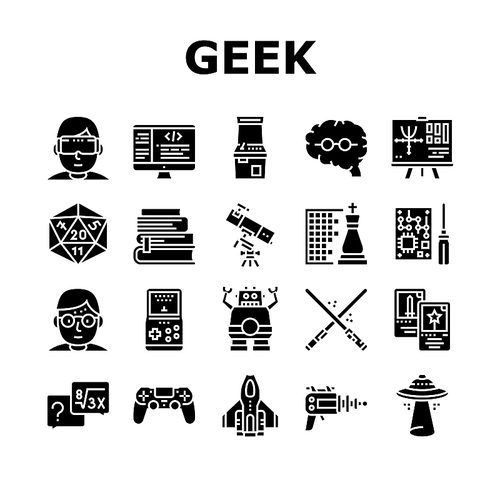 Geek, Nerd And Gamer Collection Icons Set Vector. Chess And Video Game, Mathematics And Astrology, Ufo And Futuristic Weapon Geek Glyph Pictograms Black Illustrations