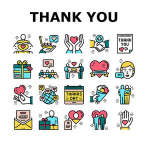Thank You Day Holiday Collection Icons Set Vector. Thanks Day Calendar Date Event And Message Letter, Heart And Present, Flower Bouquet Gift Concept Linear Pictograms. Color Contour Illustrations