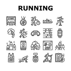 Running Athletic Sport Collection Icons Set Vector. Treadmill Running Equipment And Gun, Stopwatch And Headphones, Sneaker And T-shirt Black Contour Illustrations