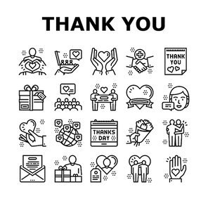 Thank You Day Holiday Collection Icons Set Vector. Thanks Day Calendar Date Event And Message Letter, Heart And Present, Flower Bouquet Gift Black Contour Illustrations