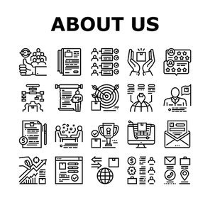 About Us Presentation Collection Icons Set Vector. Company And Store Review And Presentation, Characteristics And Skills, Agreement And Contract Black Contour Illustrations