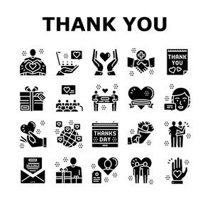 Thank You Day Holiday Collection Icons Set Vector. Thanks Day Calendar Date Event And Message Letter, Heart And Present, Flower Bouquet Gift Glyph Pictograms Black Illustrations