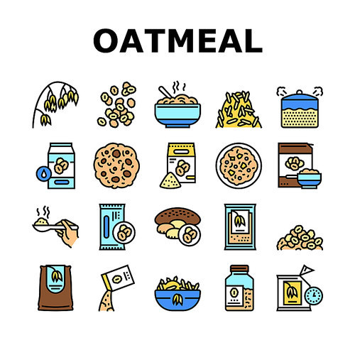 Oatmeal Nutrition Collection Icons Set Vector. Oat And Flour Bag, Cookies And Milk, Bar And Oatmeal Porridge, Boiling And Cooked Breakfast Concept Linear Pictograms. Contour Illustrations