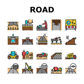 Road Construction Collection Icons Set Vector. Gravel Crushed Stone Road And Asphalt, Embankment And Strengthening Of Slopes, Bridge And Drainage Concept Linear Pictograms. Contour Illustrations