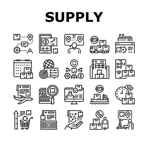 Supply Chain Management System Icons Set Vector. Optimization Of Supply Chain And Automation, Demand Forecasting And Sales Planning Black Contour Illustrations