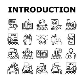 Introduction Speech Collection Icons Set Vector. New Product And Business Case Presentation, Employee And Artificial Intelligence Introduction Black Contour Illustrations