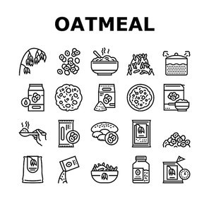 Oatmeal Nutrition Collection Icons Set Vector. Oat And Flour Bag, Cookies And Milk, Bar And Oatmeal Porridge, Boiling And Cooked Breakfast Black Contour Illustrations