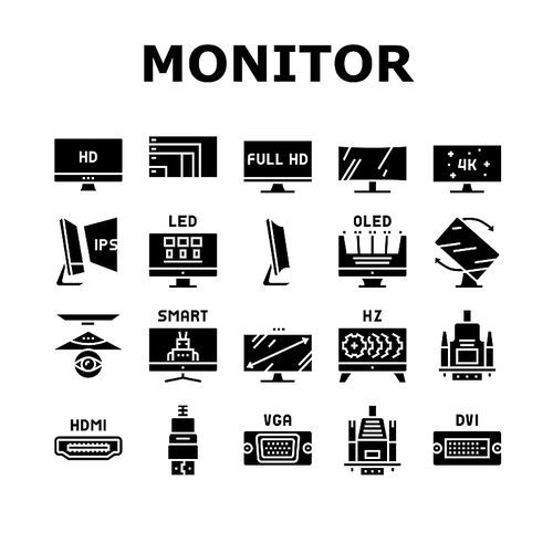 Computer Pc Monitor Collection Icons Set Vector. Full Hd And 4k Resolution, Oled, Ips And Led Display, Hdmi, Vga And Dvi Computer Screen Port Glyph Pictograms Black Illustrations