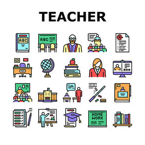Teacher Education Collection Icons Set Vector. Geography And Abc Educational Lesson, Test And School Graduation, Home Work And Examination Concept Linear Pictograms. Contour Color Illustrations